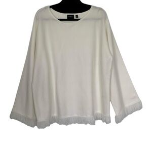 CYRUS Women PLUS Sweater/Top Neutral White Long Sleeve Fringe Hem Scoop Neck 2X